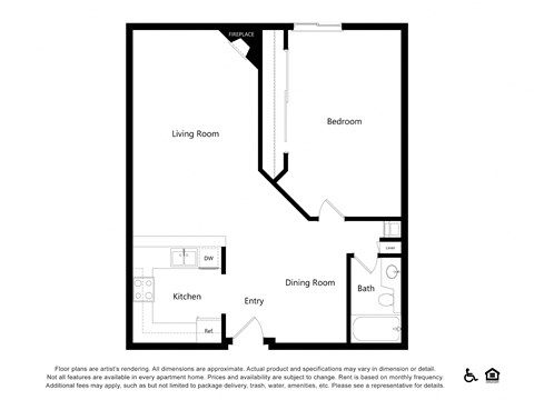 Floor plan for 1 bed, 1 bath, 732 sqft